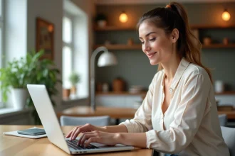 Femme assise à une table vérifiant ses finances sur un ordinateur
