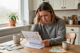 Femme inquiète examinant ses relevés bancaires à la cuisine, préoccupée par des prélèvements récurrents non désirés