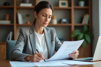Femme lisant attentivement un contrat d'assurance pour préparer sa résiliation
