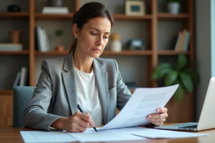 Femme lisant attentivement un contrat d'assurance pour préparer sa résiliation