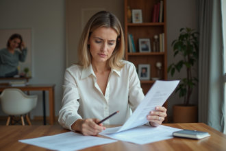 Femme d'âge moyen lisant des documents officiels dans un intérieur