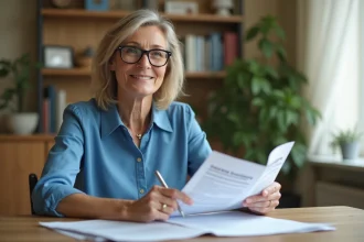 Femme d'âge moyen examine des documents d'assurance à la maison