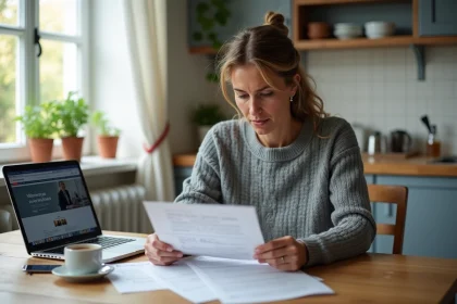 Femme de 40 ans lisant attentivement son relevé de paiement Pôle emploi à une table de cuisine en bois