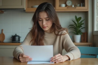 Jeune femme lisant une lettre dans sa cuisine