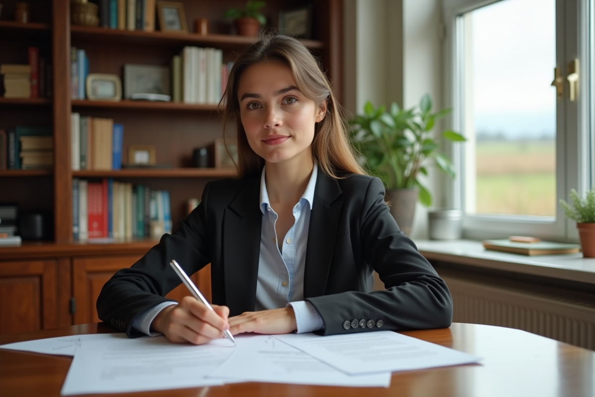 Jeune femme notaire examine des documents dans un bureau rural