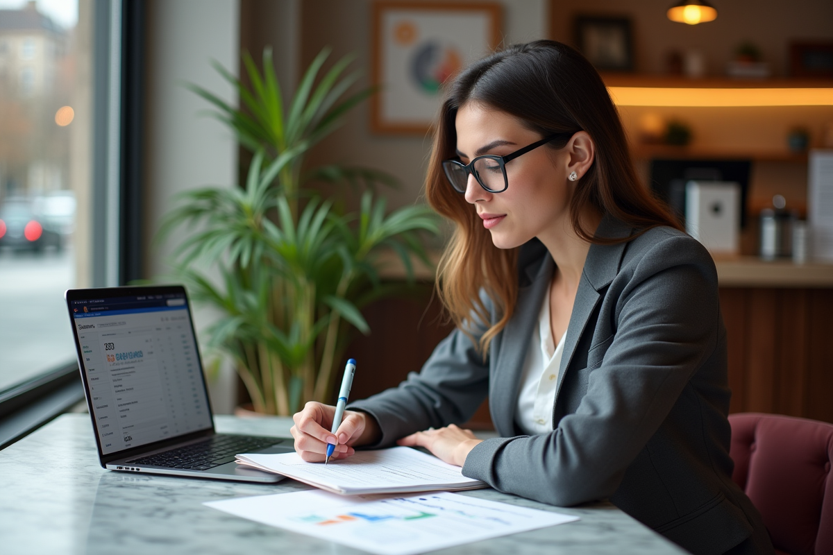 Jeune femme noteuse avec ordinateur et documents financiers