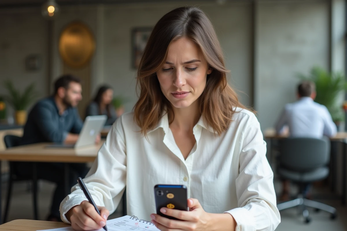 Femme débutante prenant des notes sur les erreurs de trading crypto sur l'application eToro dans un espace de coworking