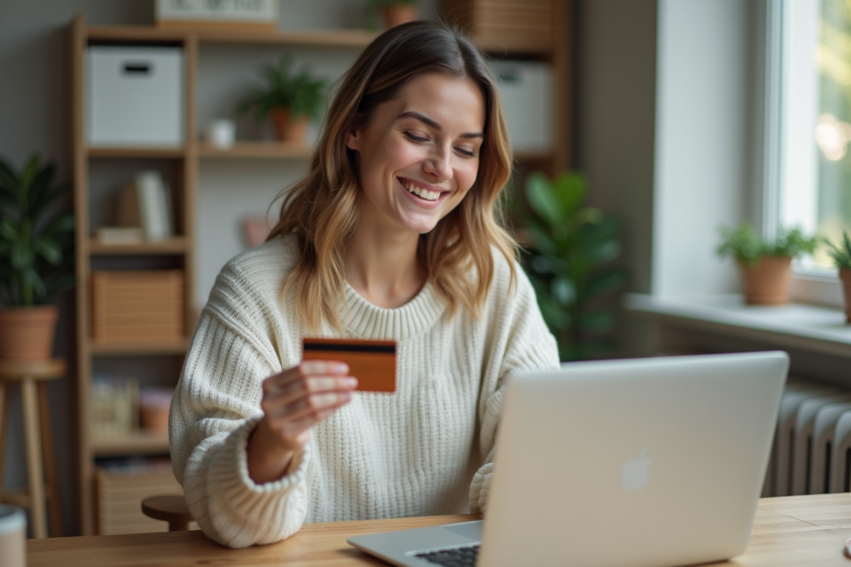 Jeune femme utilisant un ordinateur avec sa carte bancaire à la maison