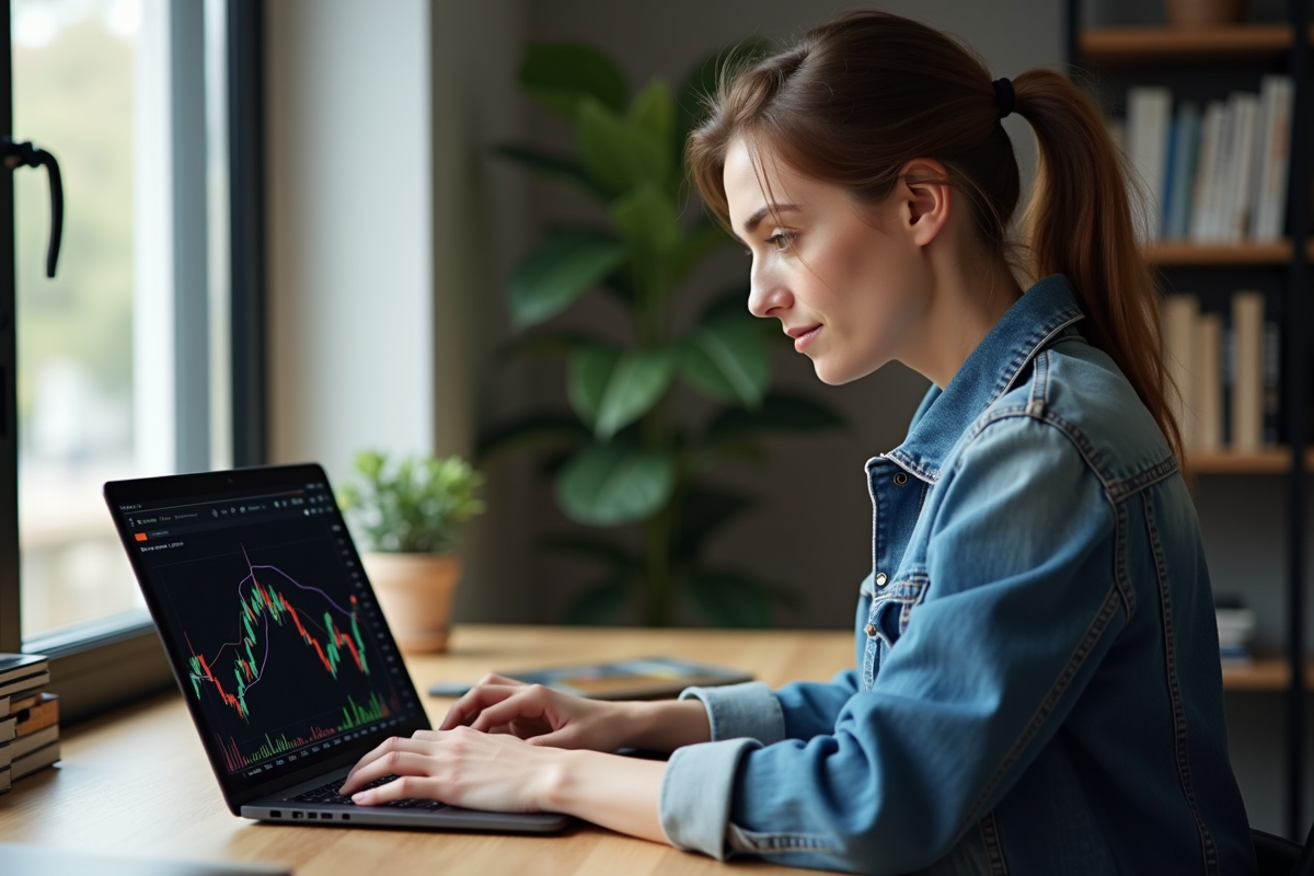 Femme concentrée devant un ordinateur avec graphique crypto
