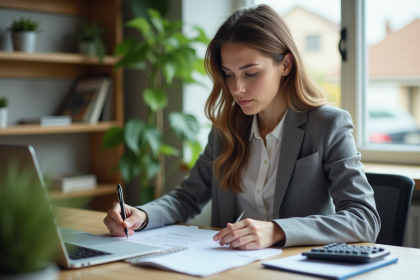 Femme d'affaires regardant des documents de prêt auto dans un bureau moderne