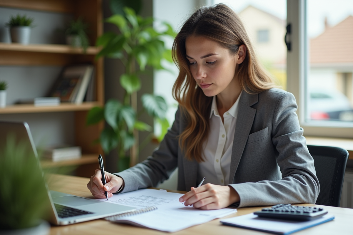 Femme d'affaires regardant des documents de prêt auto dans un bureau moderne