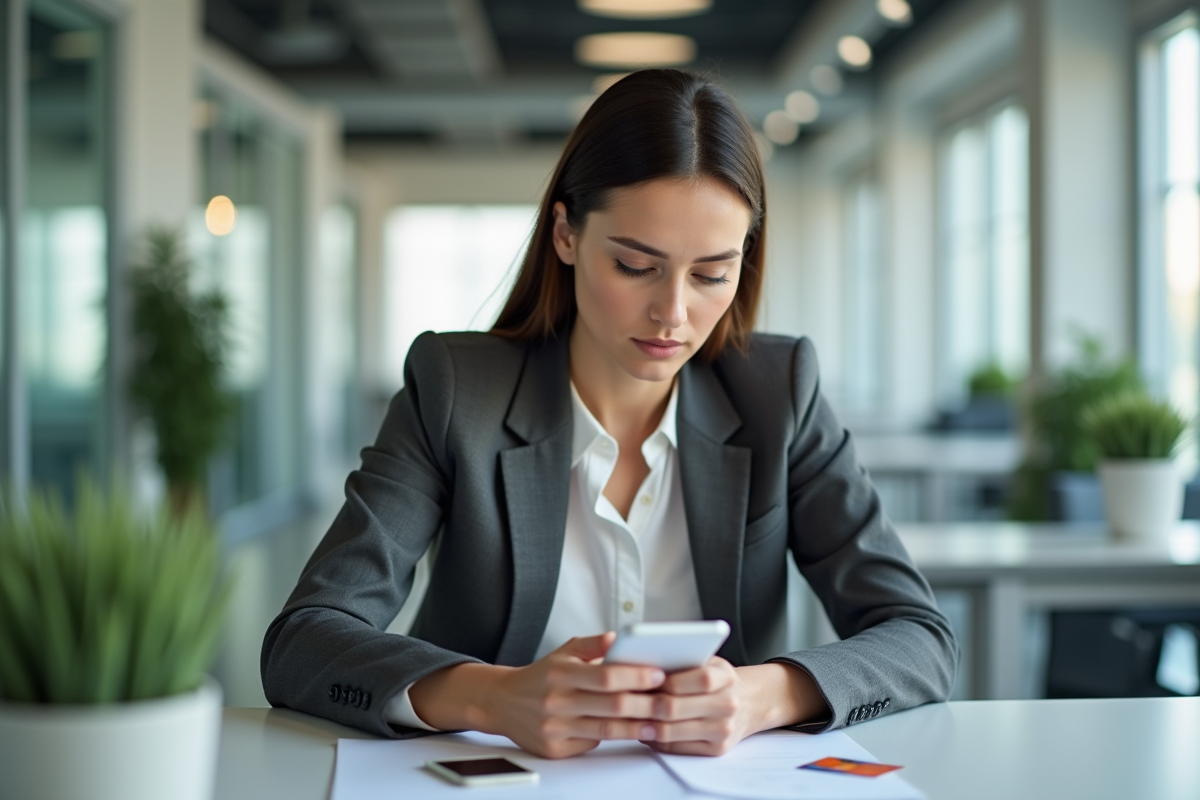 Femme en bureau utilisant son smartphone pour une tâche professionnelle