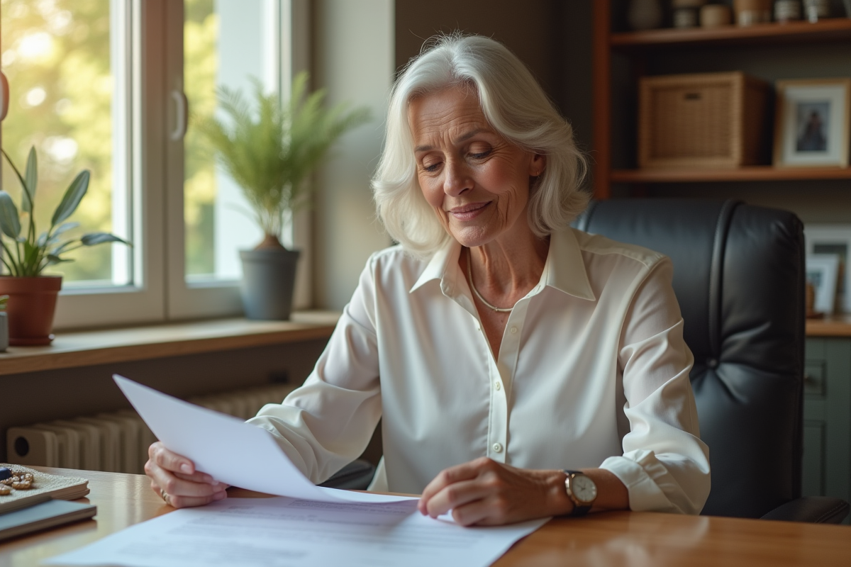 Femme d age examine des papiers dans un bureau lumineux