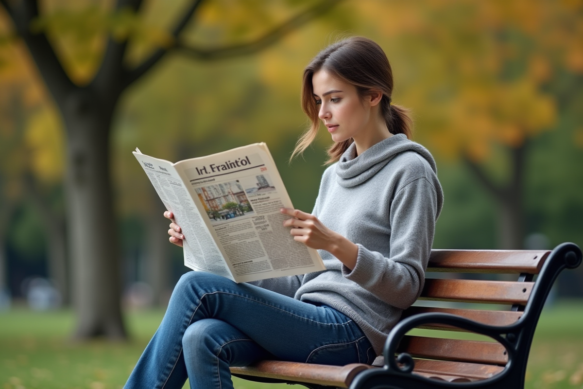 Femme lisant un journal financier dans un parc urbain