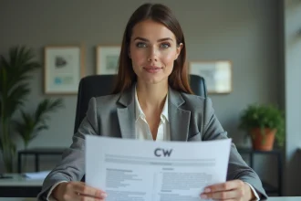 Femme en blazer présentant un CV dans un bureau moderne