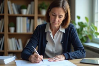 Femme d'âge moyen remplissant des papiers dans un bureau lumineux