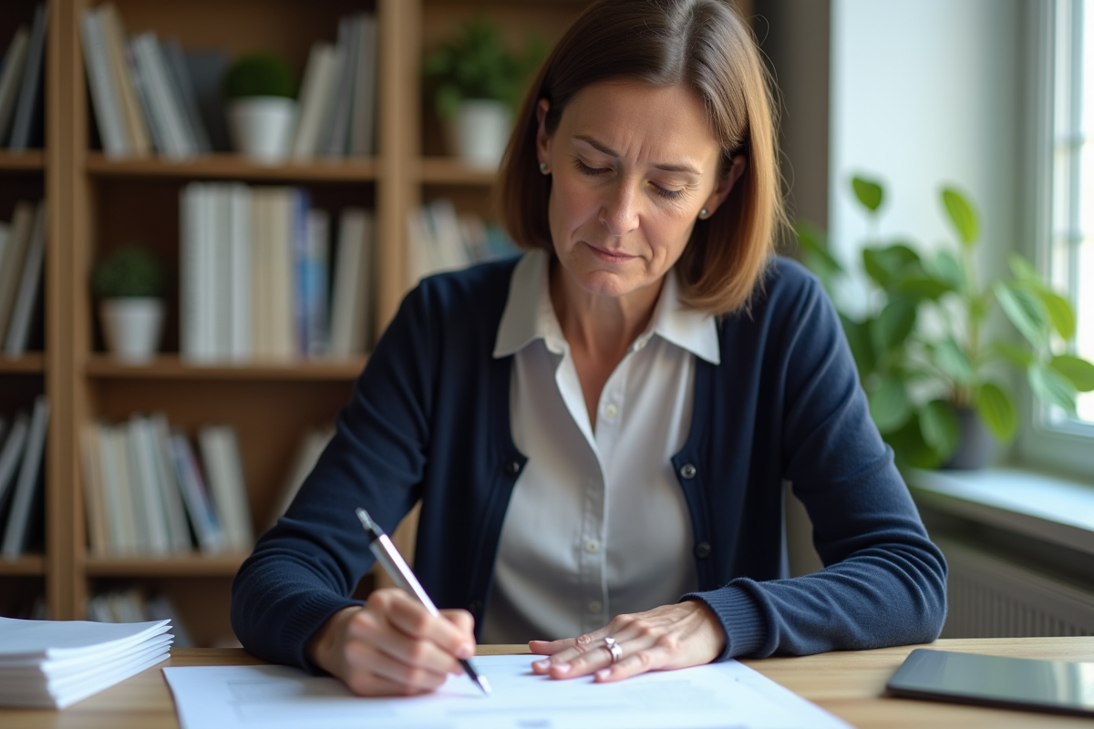 Femme d'âge moyen remplissant des papiers dans un bureau lumineux