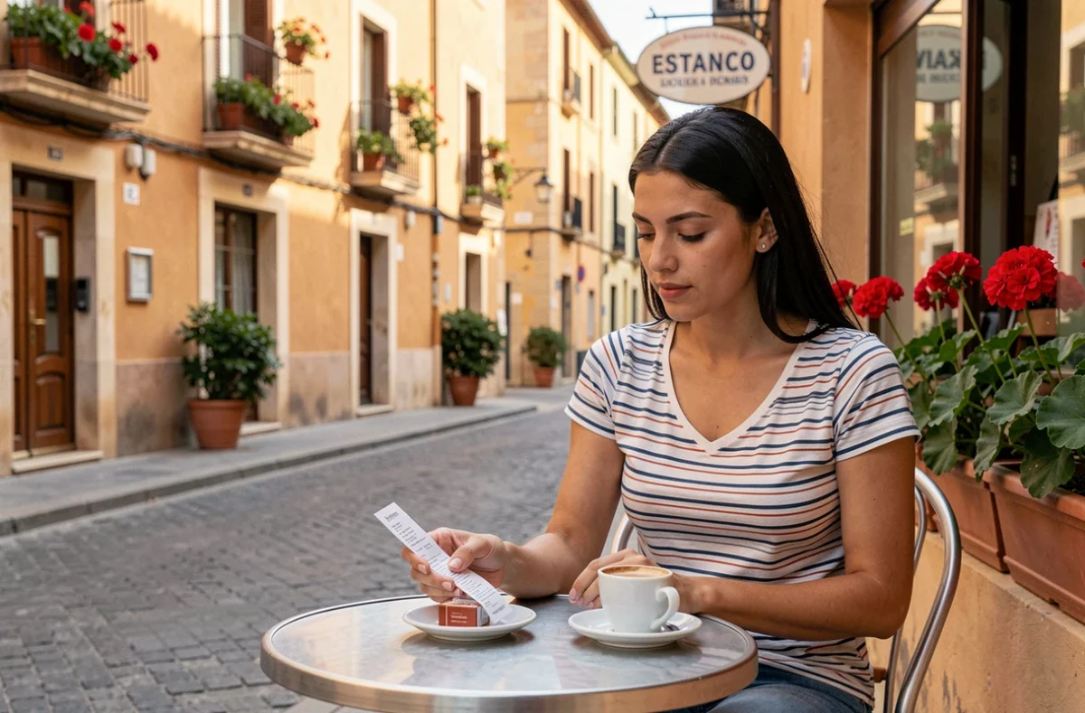 Une jeune femme consulte un reçu d'achat de cigarettes à une terrasse de café espagnole, évoquant l'impact financier de la fiscalité du tabac en Espagne