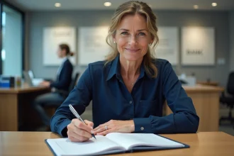 Femme rédigeant un chèque entre particuliers dans une agence bancaire