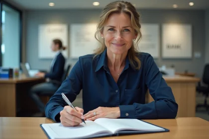 Femme rédigeant un chèque entre particuliers dans une agence bancaire