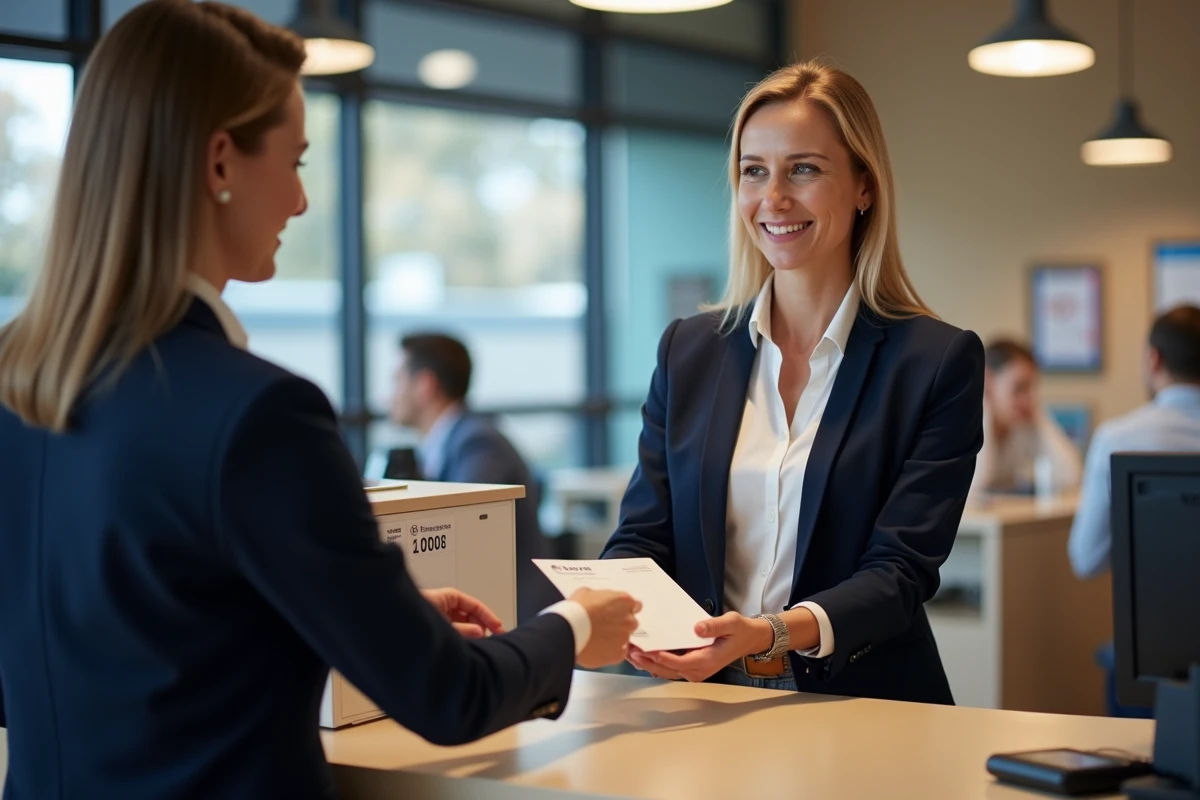 Femme déposant le règlement d'une amende à la poste pour éviter une majoration de pénalité