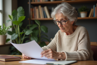 Femme retraitée lisant des documents de pension à la maison