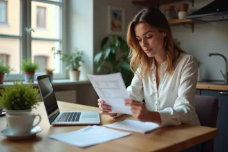 Femme regardant une fiche de paie belge dans une cuisine cosy