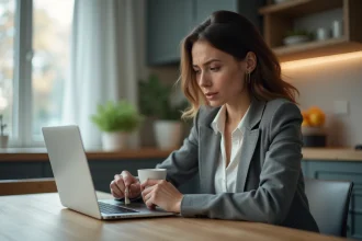 Femme réfléchissant à ses finances sur un ordinateur dans la cuisine