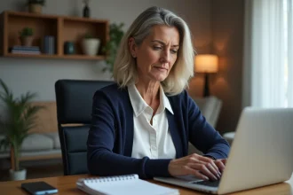 Femme d'âge moyen travaillant sur son ordinateur à domicile