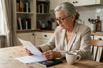 Femme senior examinant des documents d'assurance voyage à son domicile