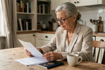 Femme senior examinant des documents d'assurance voyage à son domicile