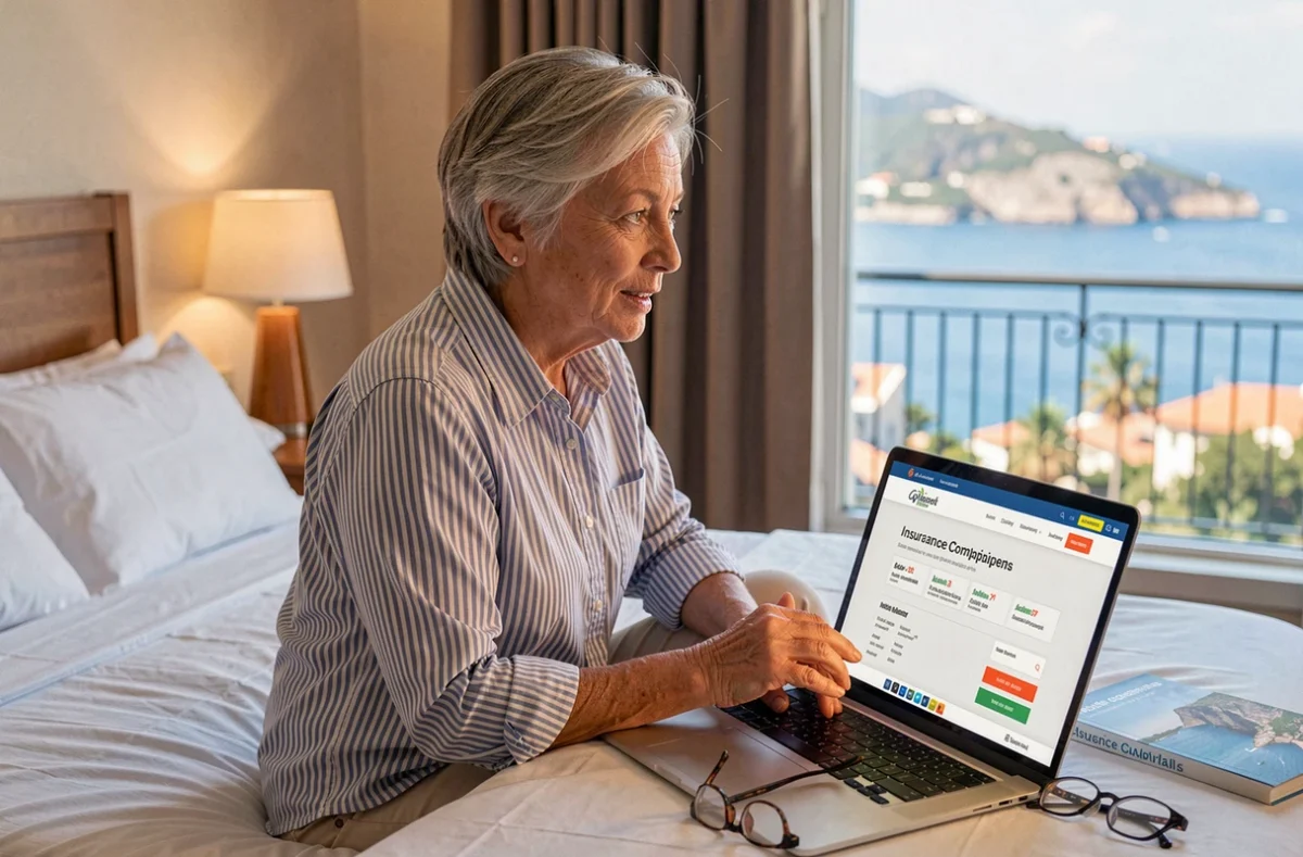 Femme senior comparant des assurances voyage en ligne depuis un hôtel