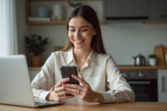 Femme souriante utilisant son smartphone dans un appartement moderne