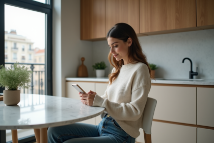 Femme assise à la cuisine en train de regarder son smartphone