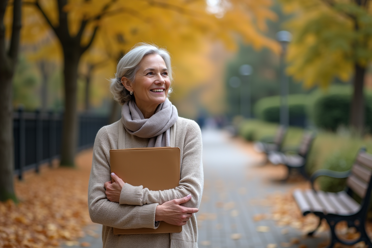 Femme souriante dans un parc automnal avec dossier à la main