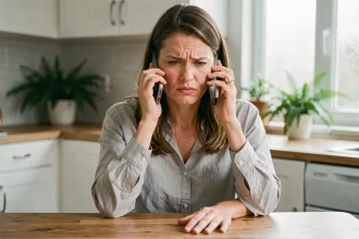 Femme frustrée tentant de contacter le service client ECA Assurance par téléphone sans succès