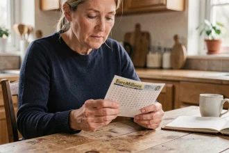 Femme examinant un ticket EuroMillions à la cuisine en se demandant si activer l'option Étoile Plus vaut le coût supplémentaire