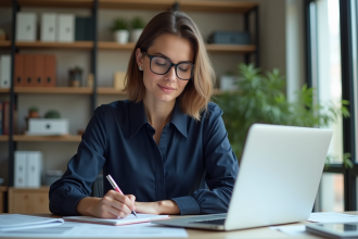 Femme professionnelle en train d'écrire des chiffres dans un carnet