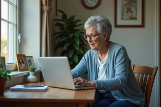 Femme âgée vérifiant ses comptes bancaires sur un ordinateur