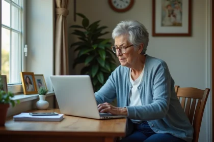 Femme âgée vérifiant ses comptes bancaires sur un ordinateur