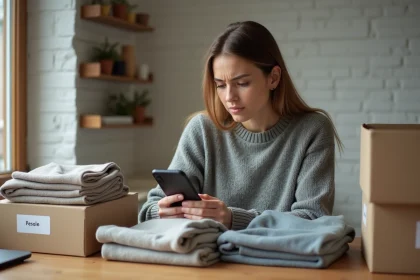 Femme consultant l'application Vinted sur son smartphone entourée de vêtements triés pour la revente, illustrant les obligations fiscales liées aux ventes en ligne