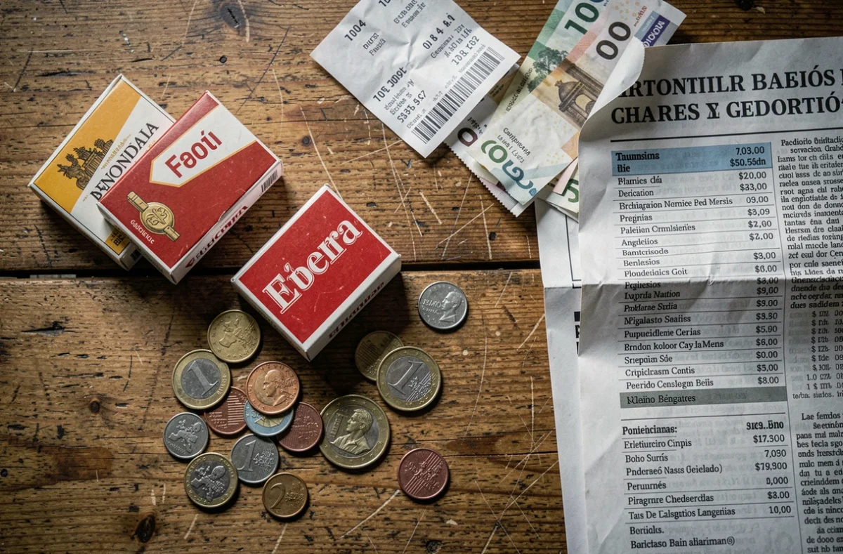 Paquets de cigarettes espagnols, pièces en euros et reçu d'achat disposés sur une table, symbolisant l'augmentation du prix du tabac en Espagne en 2026