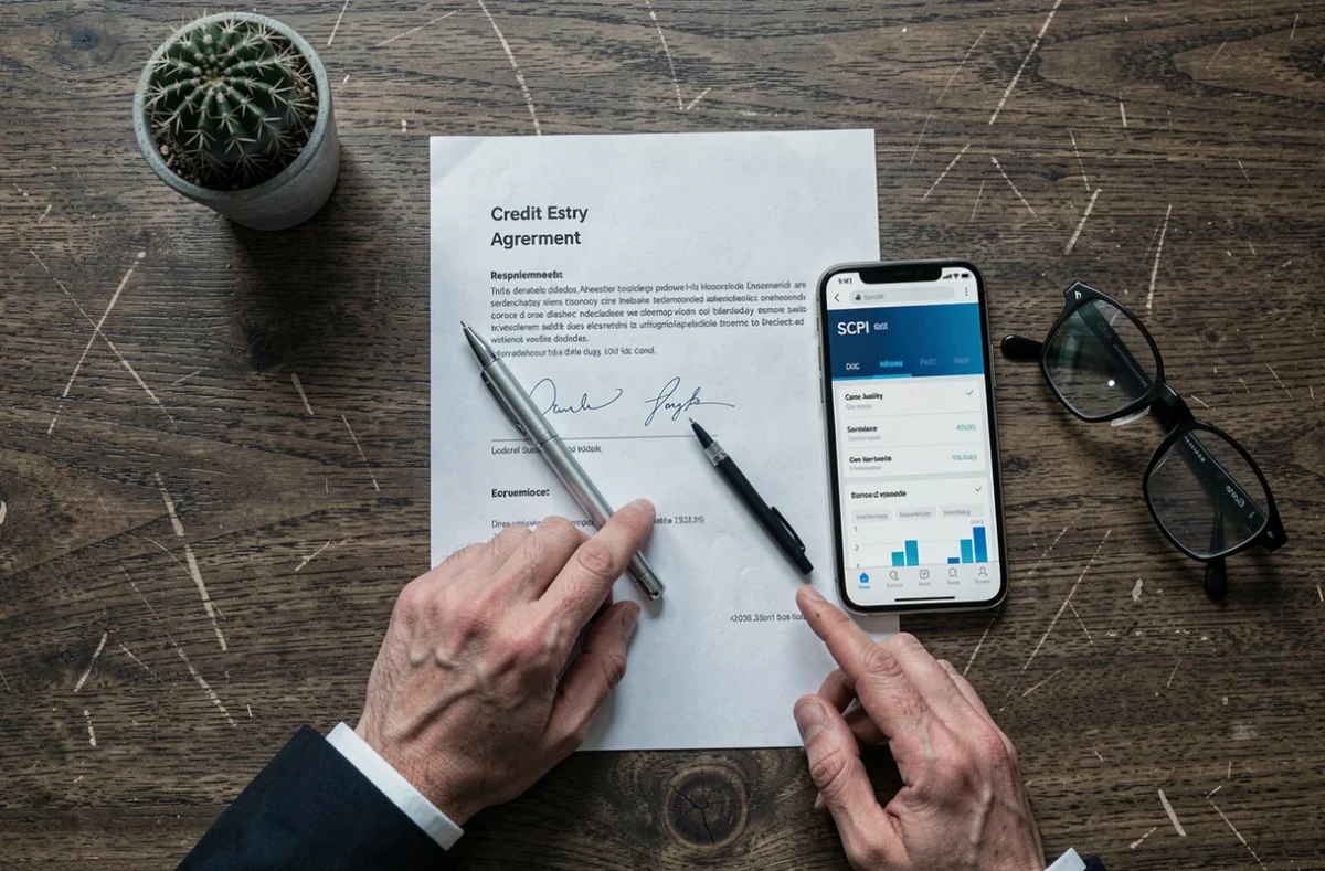 Flat-lay d'un contrat de crédit signé et d'une application SCPI sur bureau en bois pour illustrer l'investissement à crédit