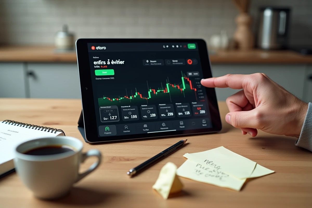 Vue aérienne d'une tablette affichant le portefeuille crypto eToro en perte entourée de notes sur les erreurs à éviter