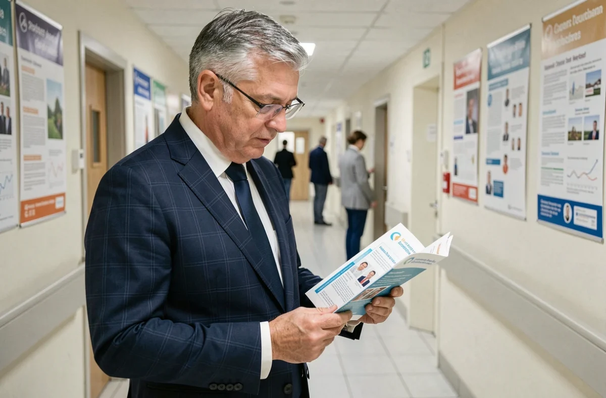 Fonctionnaire masculin consultant sa mutuelle santé dans un couloir d'hôpital public