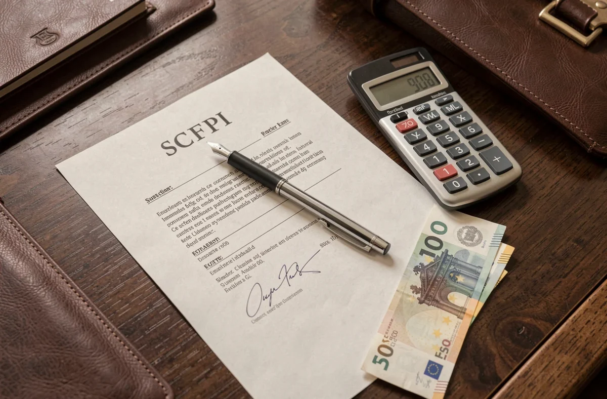 Gros plan sur un formulaire de souscription SCPI avec calculatrice et billets en euros sur un bureau en chêne