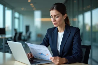 Professionnelle utilisant une interface de gestion bancaire en ligne sur ordinateur portable dans un bureau moderne
