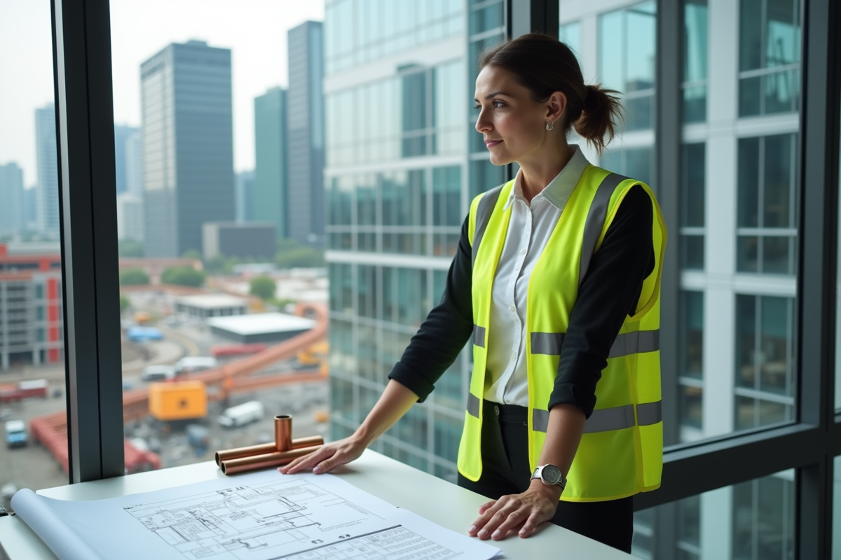 Gestionnaire de projet discutant avec plans dans un bureau moderne