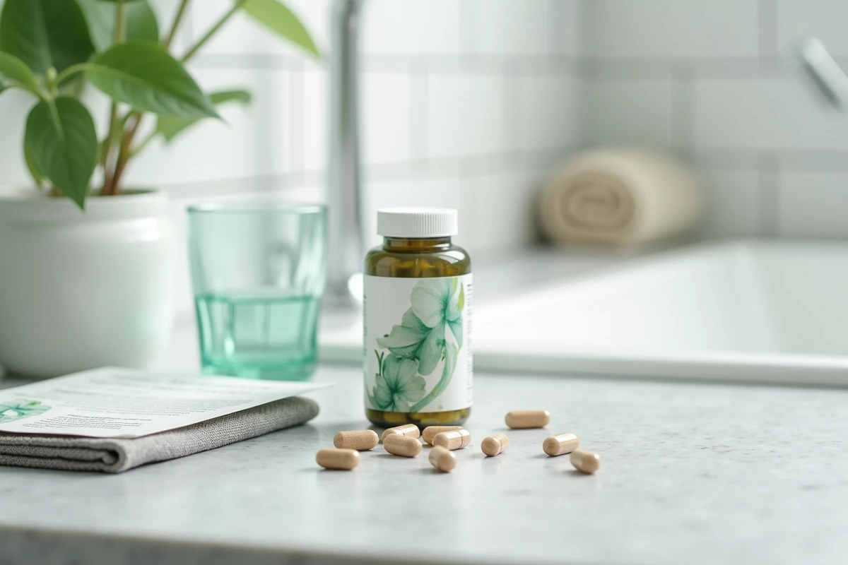 Gros plan sur une bouteille de complément Eternal Lunesta et des capsules sur un comptoir