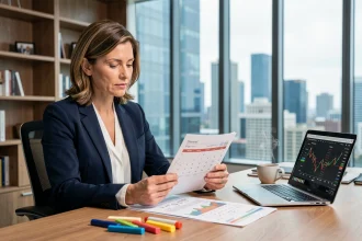 Femme d'affaires analysant l'historique des dividendes Total sur des documents financiers dans un bureau moderne